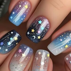 Starry Night Gradient Short-Square Star and Moon 24 Pc Press on Nails Ombré